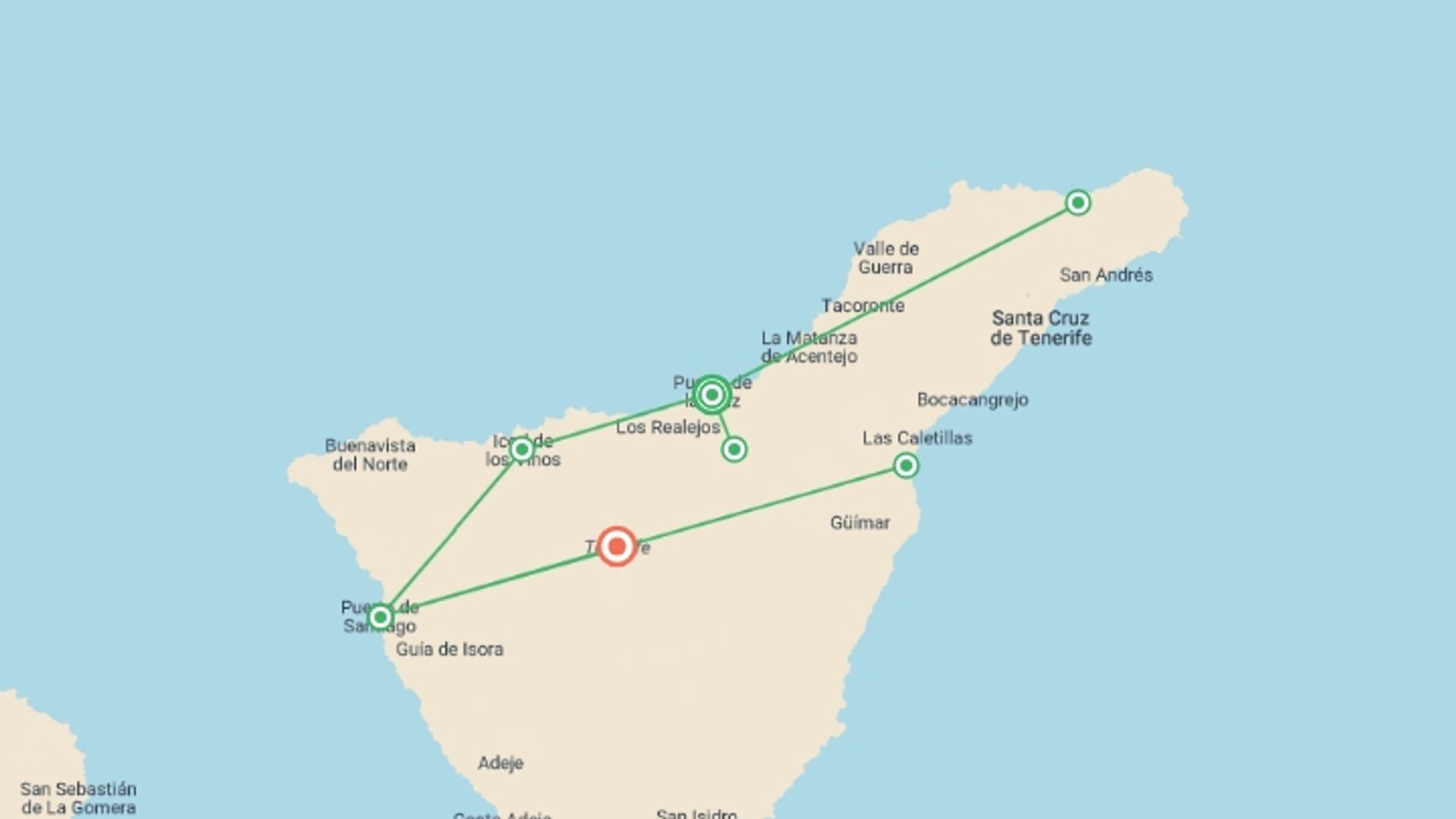 A map showing the tour itinerary for the trip: Tenerife North & South, Self-drive, starting in Puerto De La Cruz, Spain and ending in Santiago del Teide, Spain going through 3 other destinations.