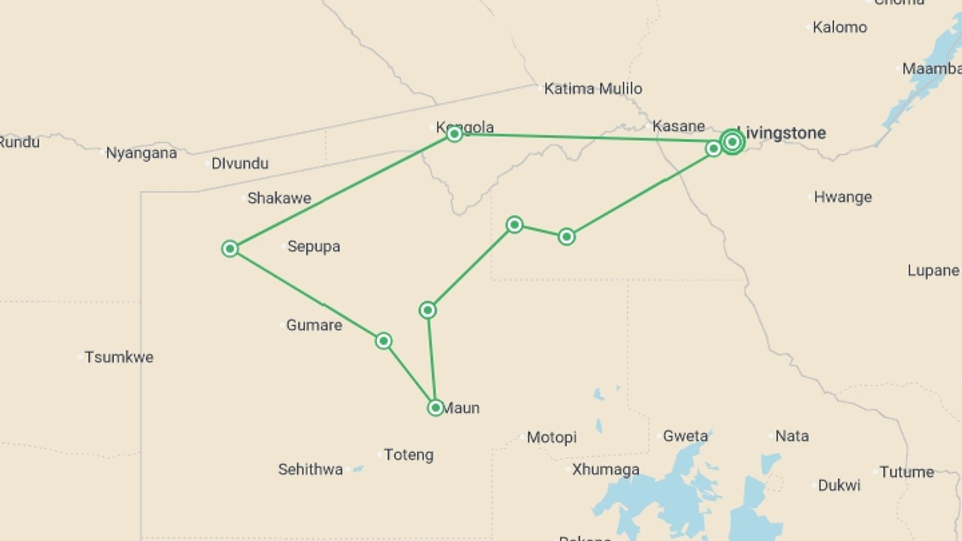 A map showing the tour itinerary for the trip: Botswana Wildlife Safari, starting in Victoria Falls, Zimbabwe and ending in Victoria Falls, Zimbabwe going through 7 other destinations.