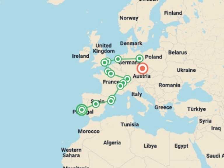 Map itinerary of Prague Tour in June 2026 with 14 destination visits for the trip: Complete Europe