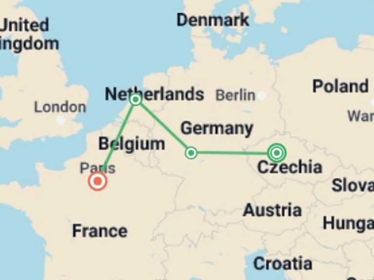 Map itinerary of Prague Tour in Winter with 2 destination visits for the trip: From Prague to Paris