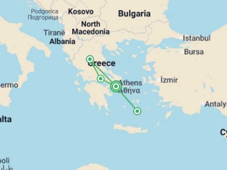 Map of Europe Tour with 3 destination visits for the trip: Athens, Delphi & Santorini - 8 days