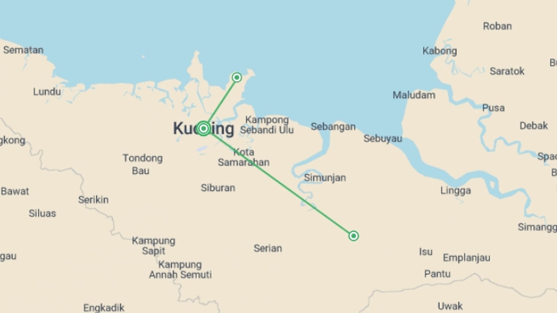 A map showing the tour itinerary for the trip: Kuching & Sarawak Express - 5 days, starting in Kuching, Malaysia and ending in Kuching, Malaysia going through 1 other destinations.