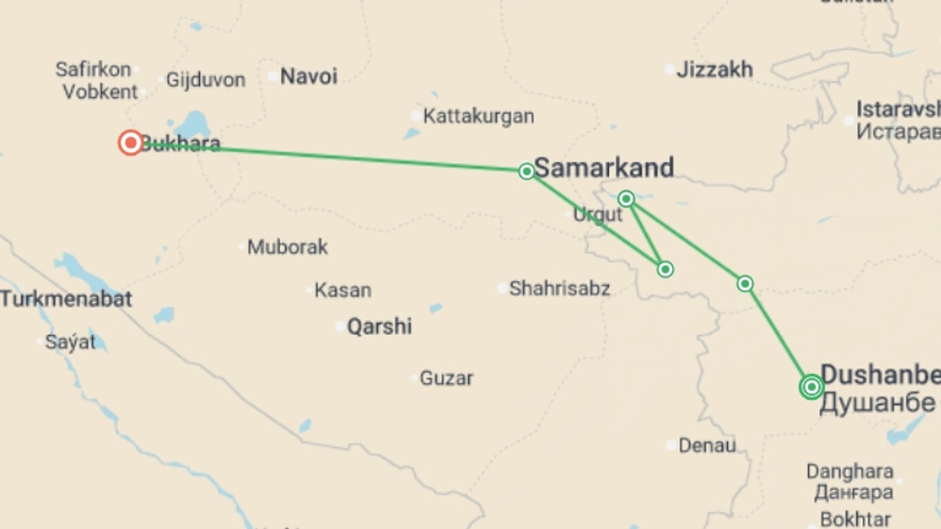 A map showing the tour itinerary for the trip: Highlights of Central Asia, starting in Dushanbe, Tajikistan and ending in Bukhara, Uzbekistan going through 4 other destinations.