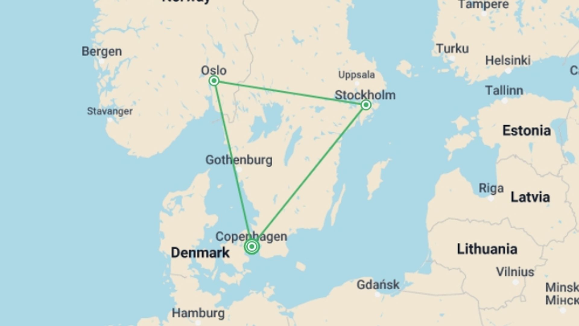 A map showing the tour itinerary for the trip: Copenhagen, Oslo & Stockholm - 10 days, starting in Copenhagen, Denmark and ending in Copenhagen, Denmark going through 2 other destinations.