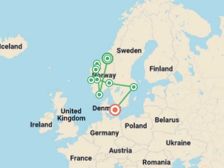 Map of Scandinavia Tour with 7 destination visits for the trip: The beautiful Norway and Nordic Capitals