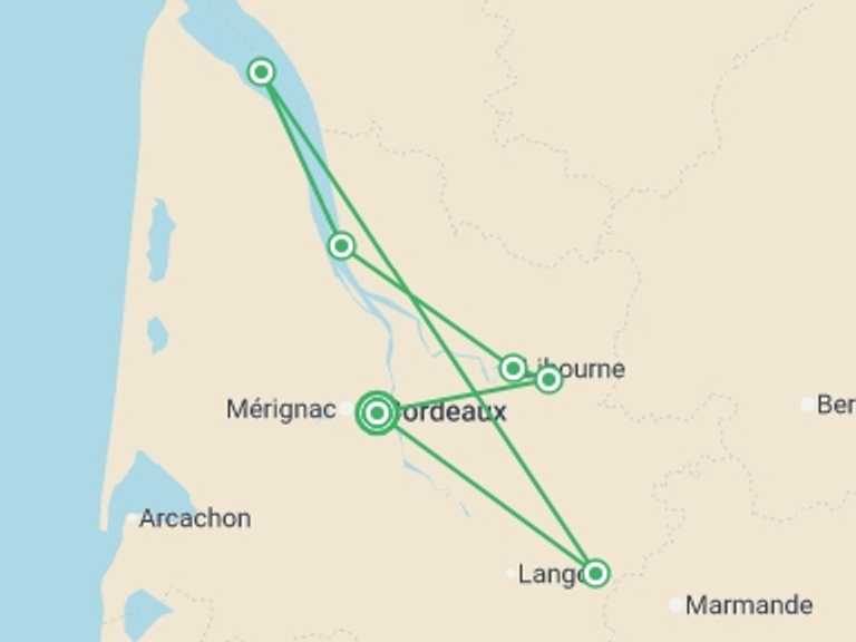 Map itinerary of Mediterranean Tour in November 2026 with 5 destination visits for the trip: The exceptional region of Bordeaux (port-to-port cruise)