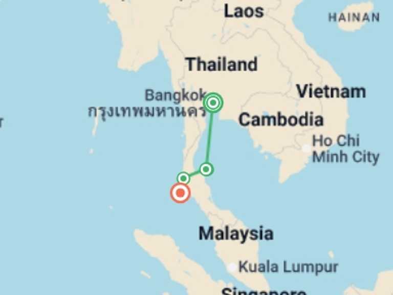 Map itinerary of South East Asia Tour in August 2026 with 6 destination visits for the trip: Essential Southern Thailand