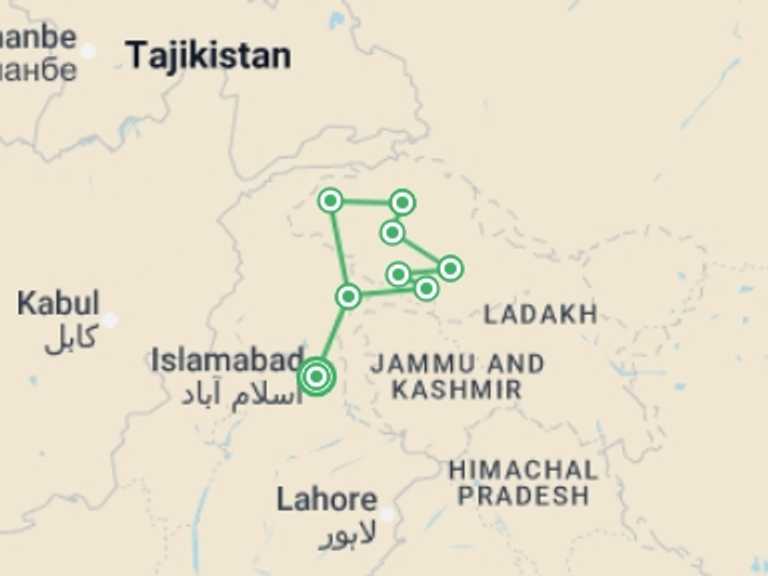 Map of Pakistan Tour with 8 destination visits for the trip: Pakistan's Karakoram Highway