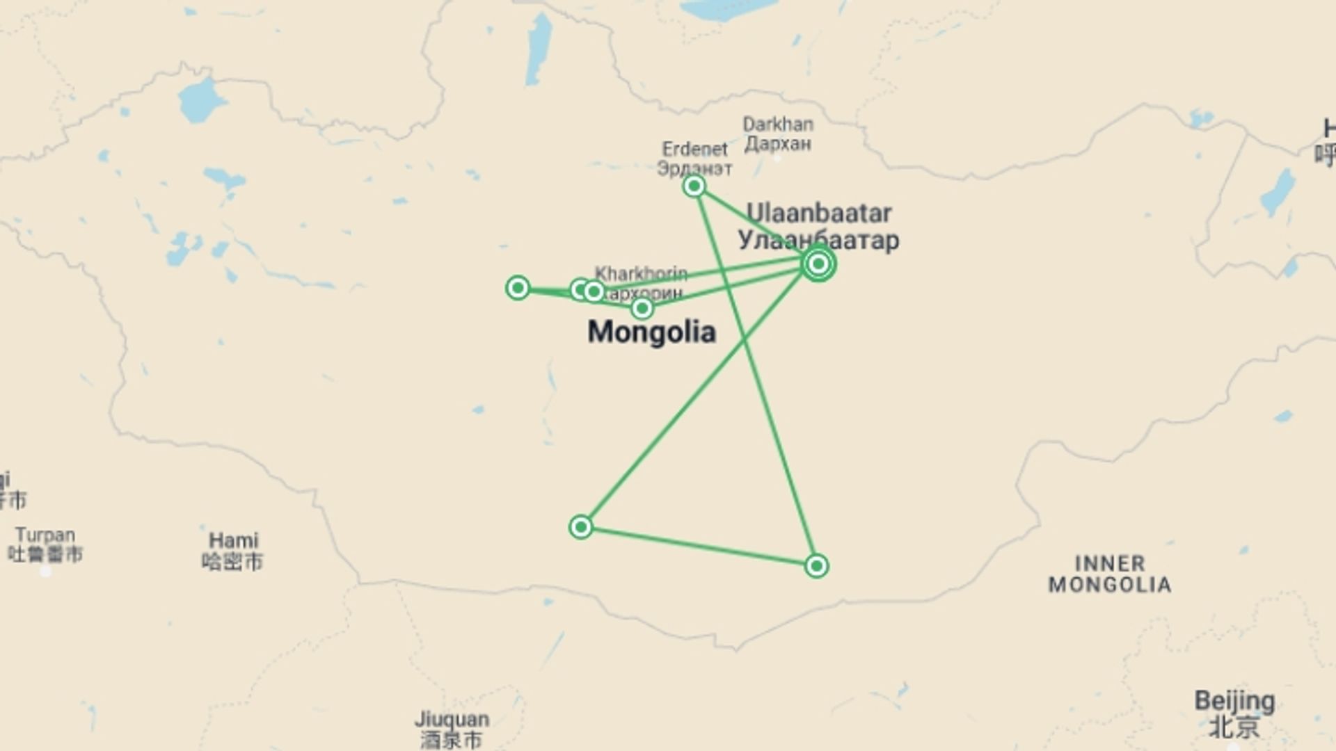 A map showing the tour itinerary for the trip: Cycling in Mongolia - Naadam Festival, starting in Ulaanbaatar, Mongolia and ending in Ulaanbaatar, Mongolia going through 8 other destinations.
