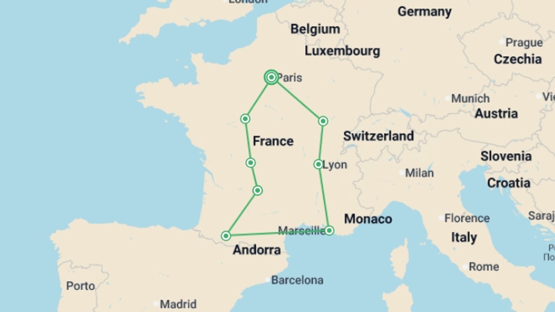 A map showing the tour itinerary for the trip: Magnificent France, starting in Paris, France and ending in Paris, France going through 7 other destinations.