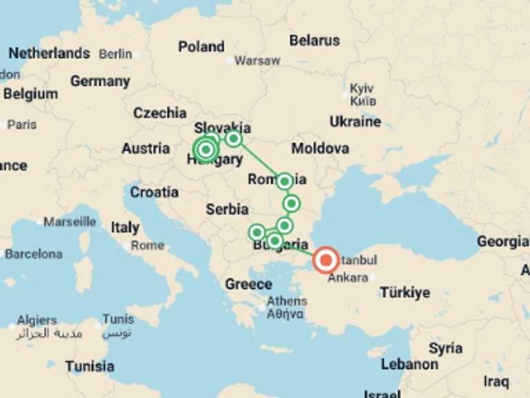 Map itinerary of Mediterranean Tour in October 2026 with 9 destination visits for the trip: Budapest to Istanbul Adventure