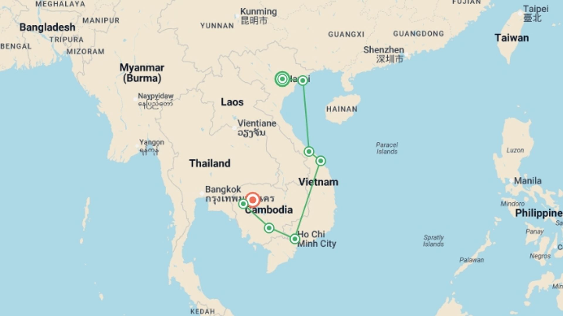 A map showing the tour itinerary for the trip: Vietnam & Cambodia Highlights: Hanoi to Siem Reap, starting in Hanoi, Vietnam and ending in Siem Reap, Cambodia going through 8 other destinations.