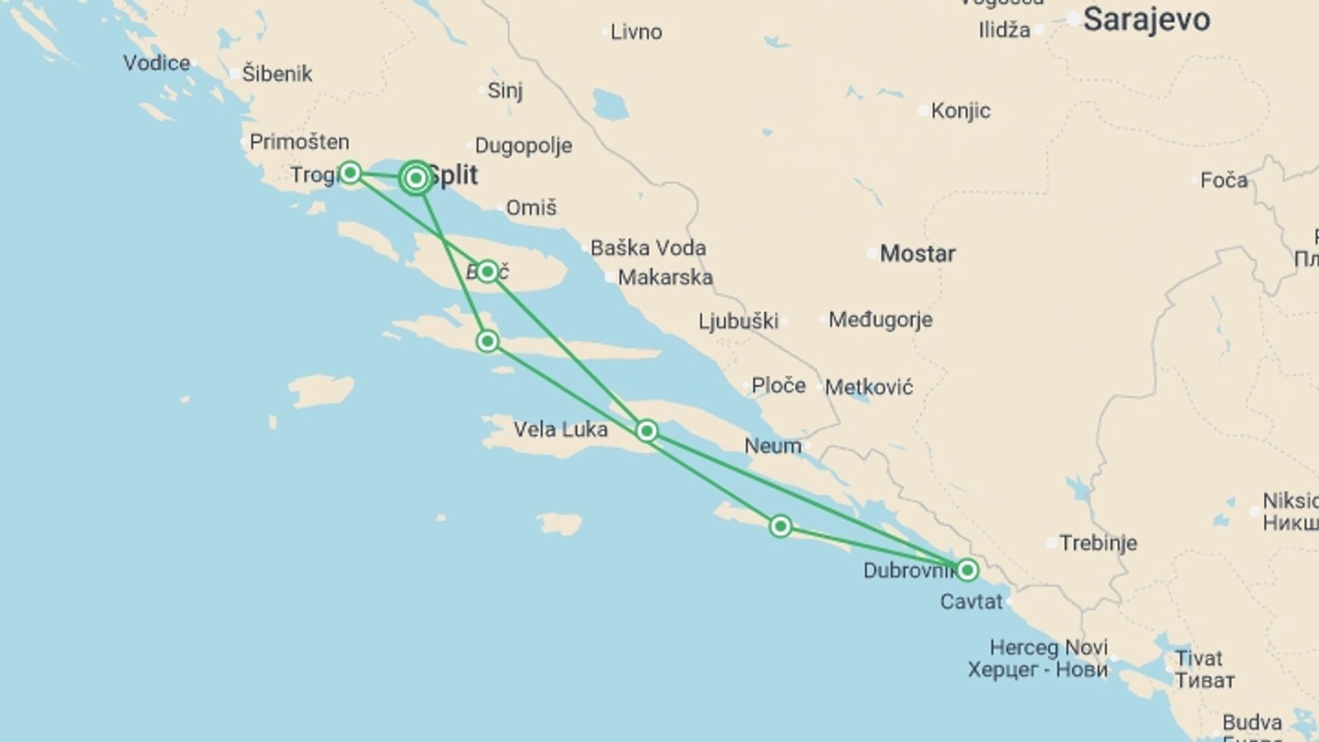 A map showing the tour itinerary for the trip: Dalmatian Highlights Split And Dubrovnik Region Cruise (standard Boat Category), starting in Split, Croatia and ending in Split, Croatia going through 6 other destinations.