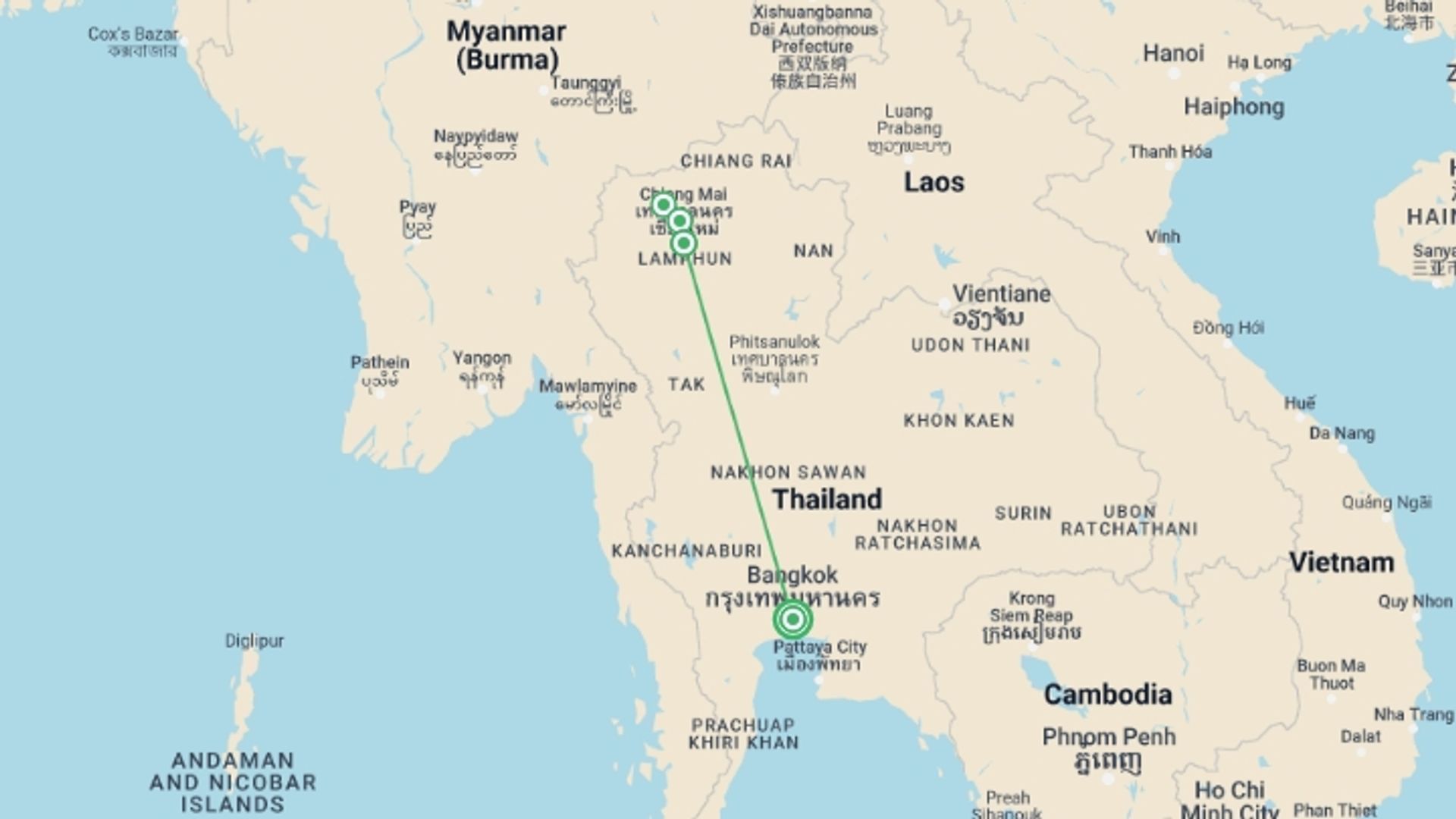 A map showing the tour itinerary for the trip: Northern Thailand: Hilltribes & Villages, starting in Bangkok, Thailand and ending in Bangkok, Thailand going through 3 other destinations.