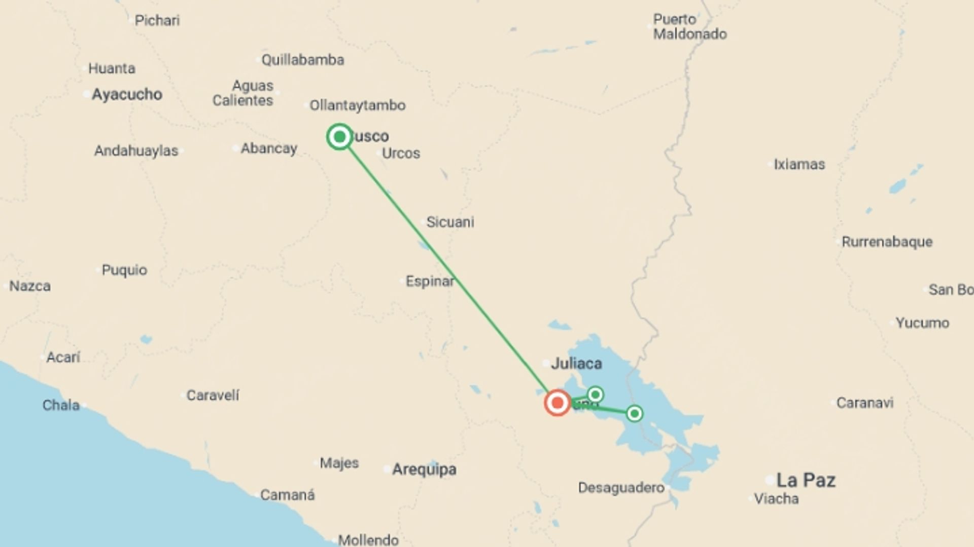 A map showing the tour itinerary for the trip: Puno & Titicaca Islands, Semi-private Tour, starting in Cusco, Peru and ending in Puno, Peru going through 0 other destinations.