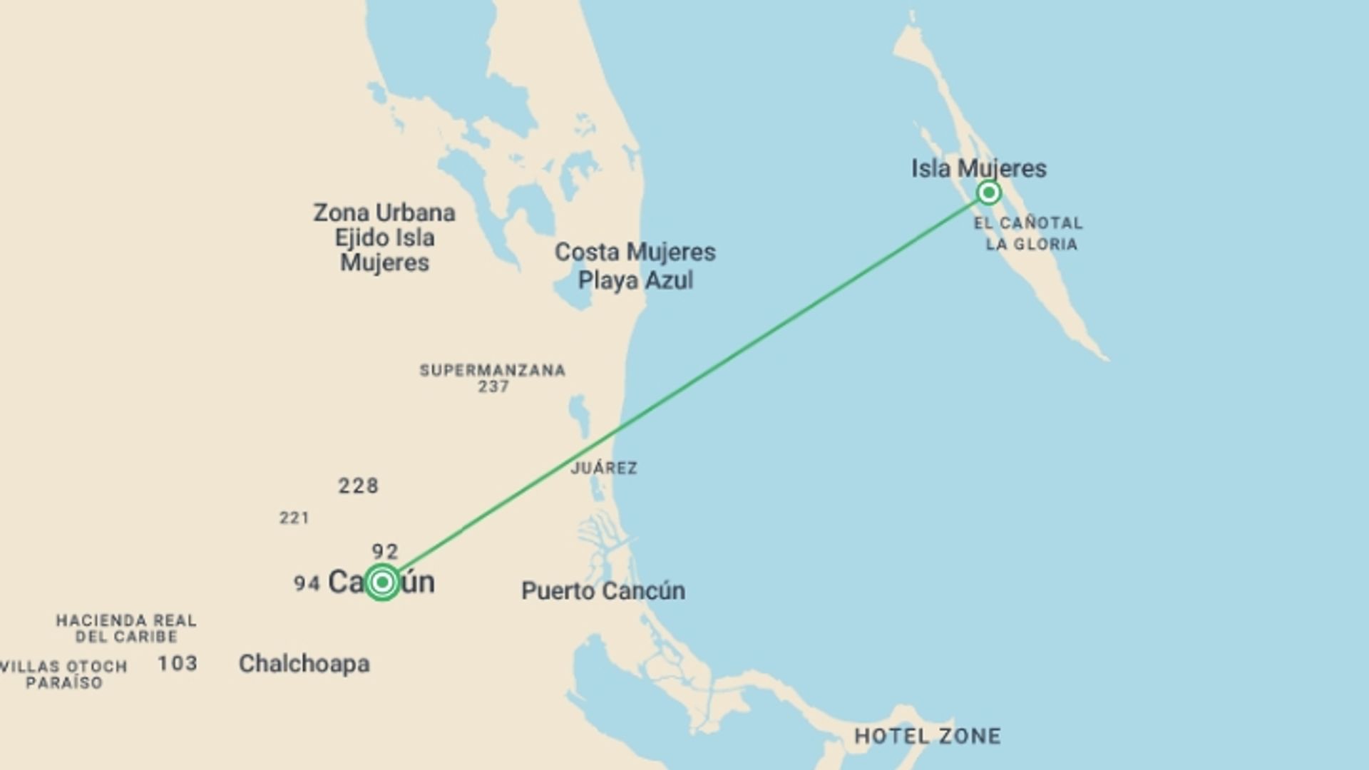 A map showing the tour itinerary for the trip: Isla Mujeres Experience 4D/3N, starting in Cancún, Mexico and ending in Cancún, Mexico going through 1 other destinations.