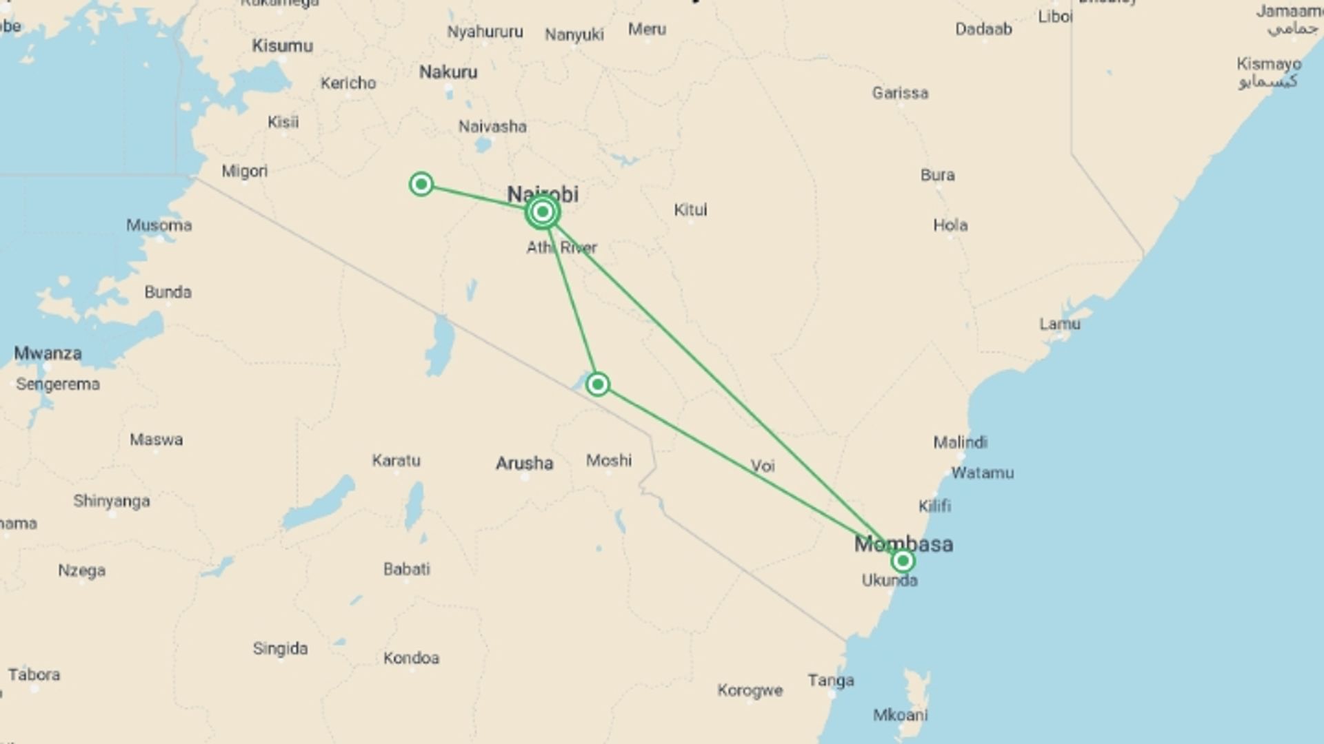 A map showing the tour itinerary for the trip: 9 Days Masai Mara, Amboseli, Mombasa Safari, starting in Nairobi, Kenya and ending in Nairobi, Kenya going through 4 other destinations.