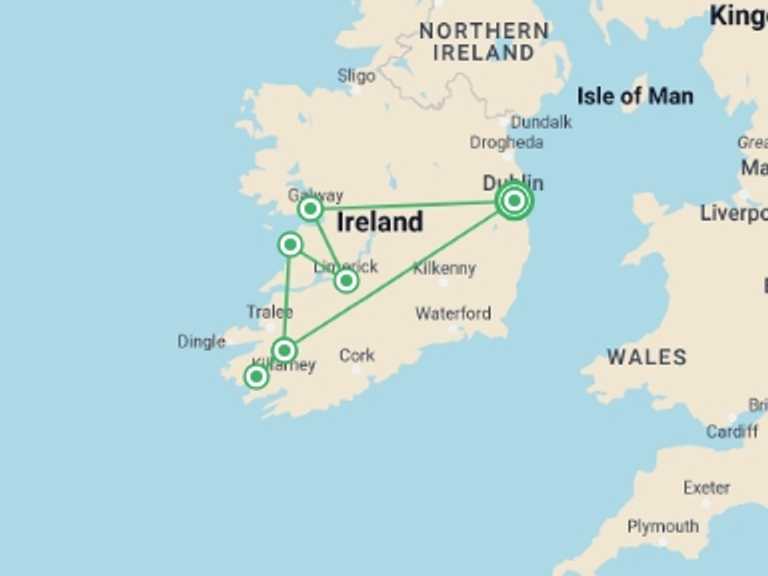 Map of Ireland Natural landmarks sightseeing Tour with 4 destination visits for the trip: Picturesque Solo Ireland Tour