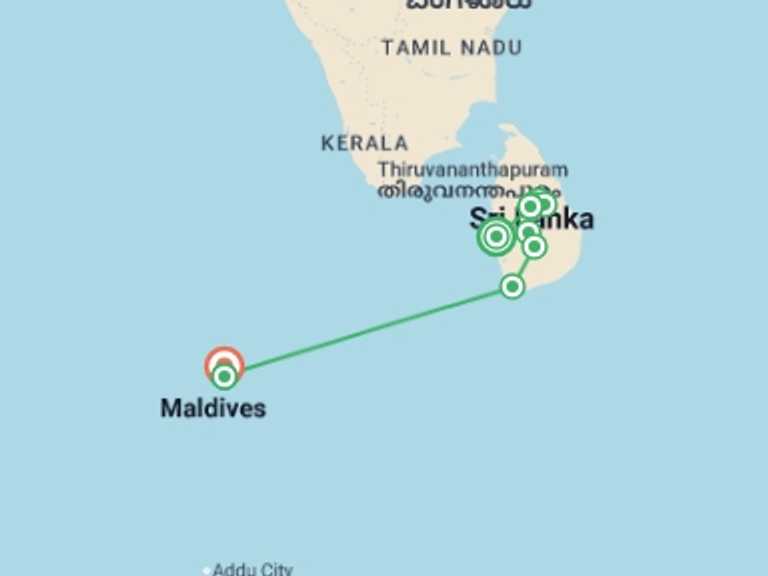 Map of Maldives and Sri Lanka Tour with 7 destination visits for the trip: Sri Lanka & Maldives Discovery 12D/11N