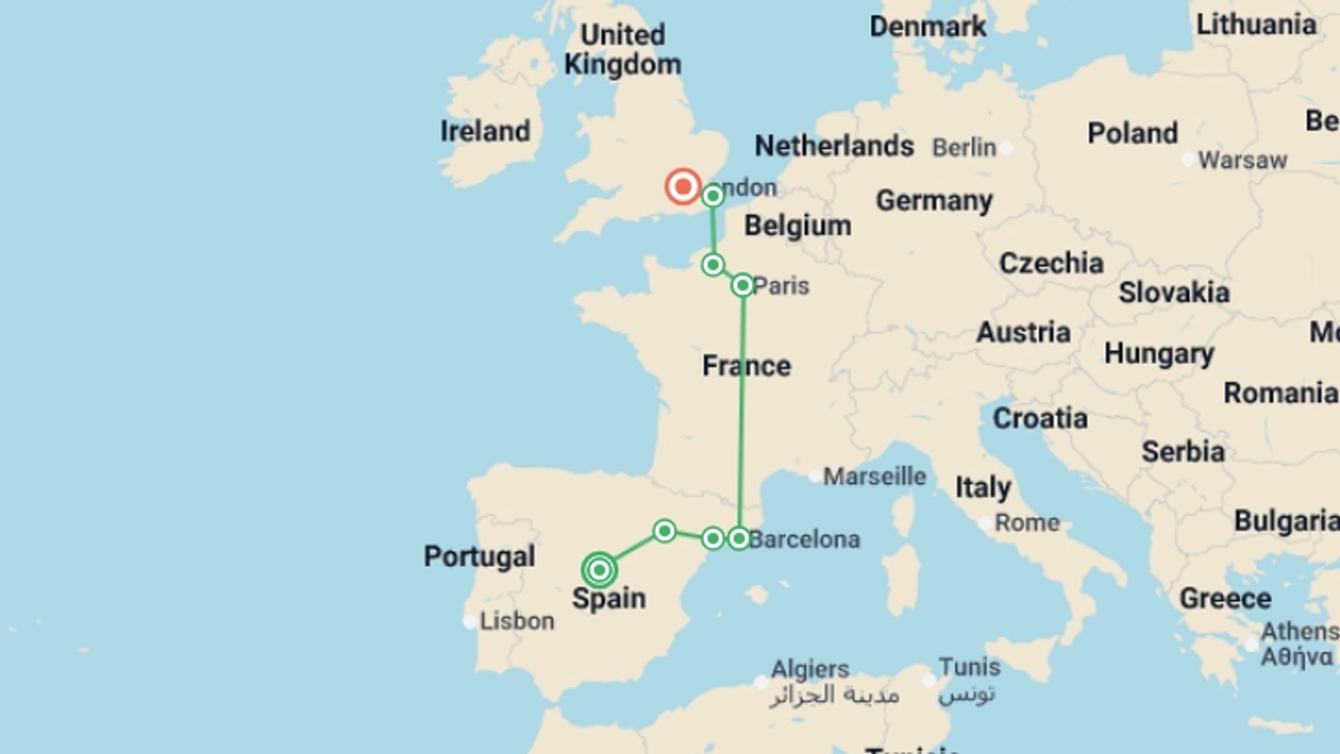 A map showing the tour itinerary for the trip: A Virtuous Line, starting in Madrid, Spain and ending in London, England going through 3 other destinations.