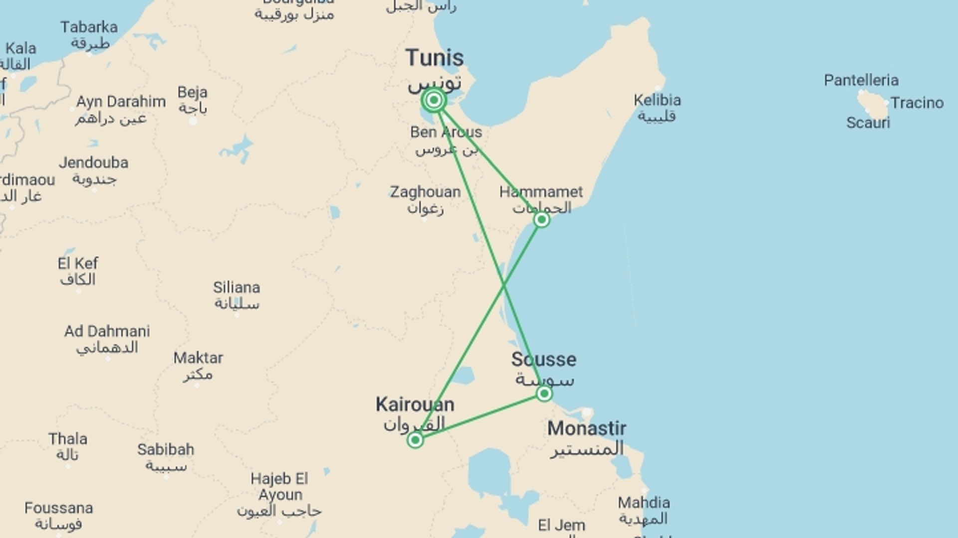 A map showing the tour itinerary for the trip: Taste Of Tunisia, Small Group Tour, starting in Tunis, Tunisia and ending in Tunis, Tunisia going through 2 other destinations.