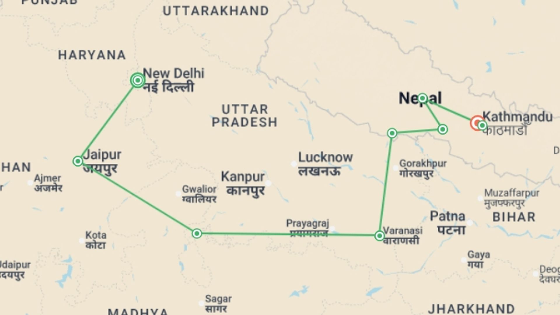 A map showing the tour itinerary for the trip: Delhi to Kathmandu (4 Star) - 16 days, starting in New Delhi, India and ending in Kathmandu, Nepal going through 7 other destinations.