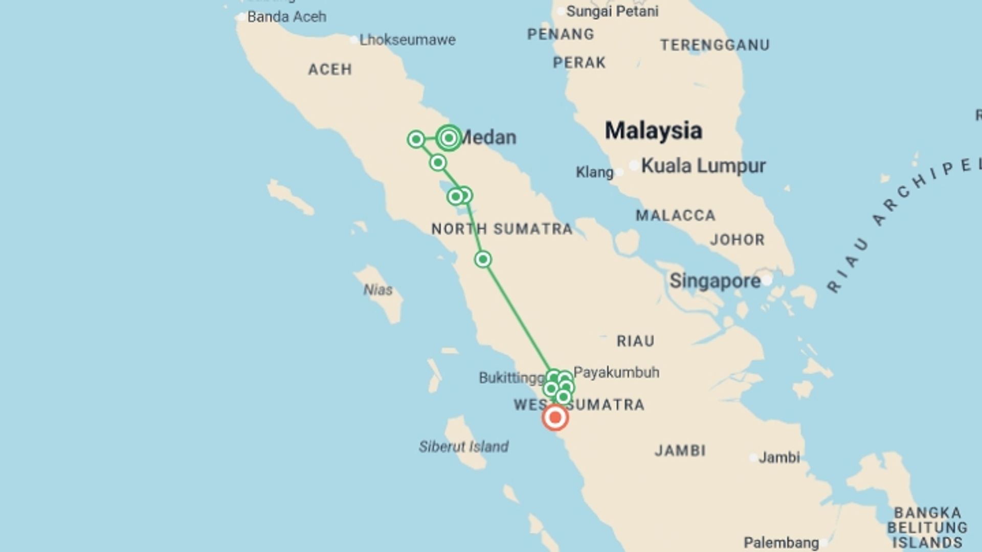 A map showing the tour itinerary for the trip: Sumatra Overland Discovery 10D/9N, starting in Medan, Indonesia and ending in Padang, Indonesia going through 5 other destinations.
