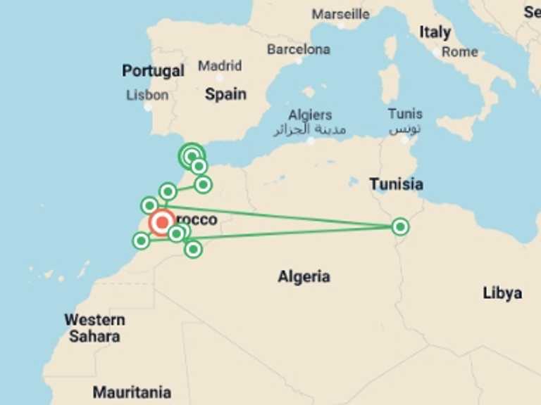 Map of Tangier Explorer Tour with 11 destination visits for the trip: Complete Morocco: The Sahara to the Coast