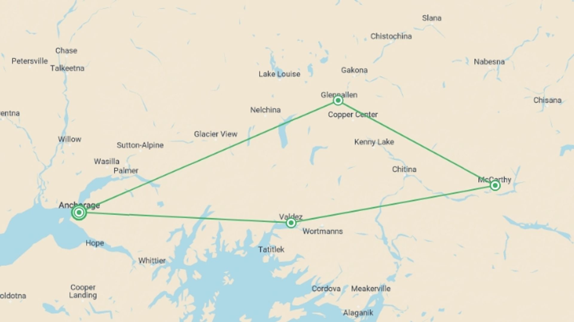 A map showing the tour itinerary for the trip: Hike Alaska: Valdez and Wrangell St Elias, starting in Anchorage, USA and ending in Anchorage, USA going through 3 other destinations.