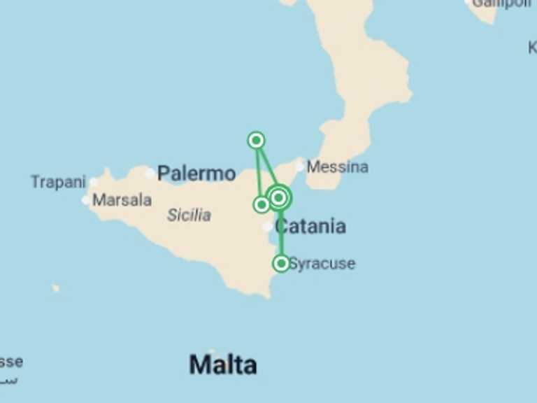 Map of Europe Natural landmarks sightseeing Tour with 6 destination visits for the trip: Walking In Sicily