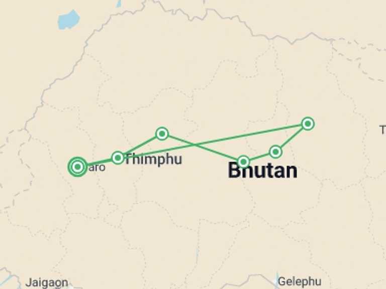 Map of Asia Tour with 6 destination visits for the trip: Highlights of the Trans Bhutan Trail