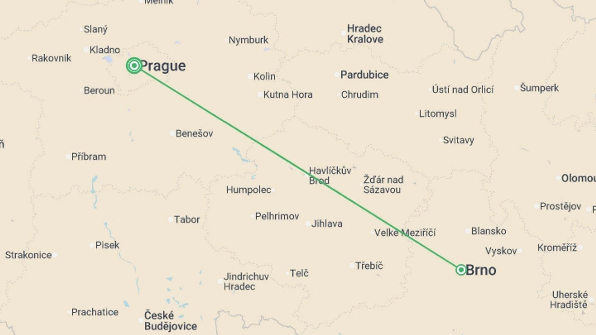 A map showing the tour itinerary for the trip: Bohemia and Moravia II, starting in Prague, Czech Republic and ending in Prague, Czech Republic going through 1 other destinations.