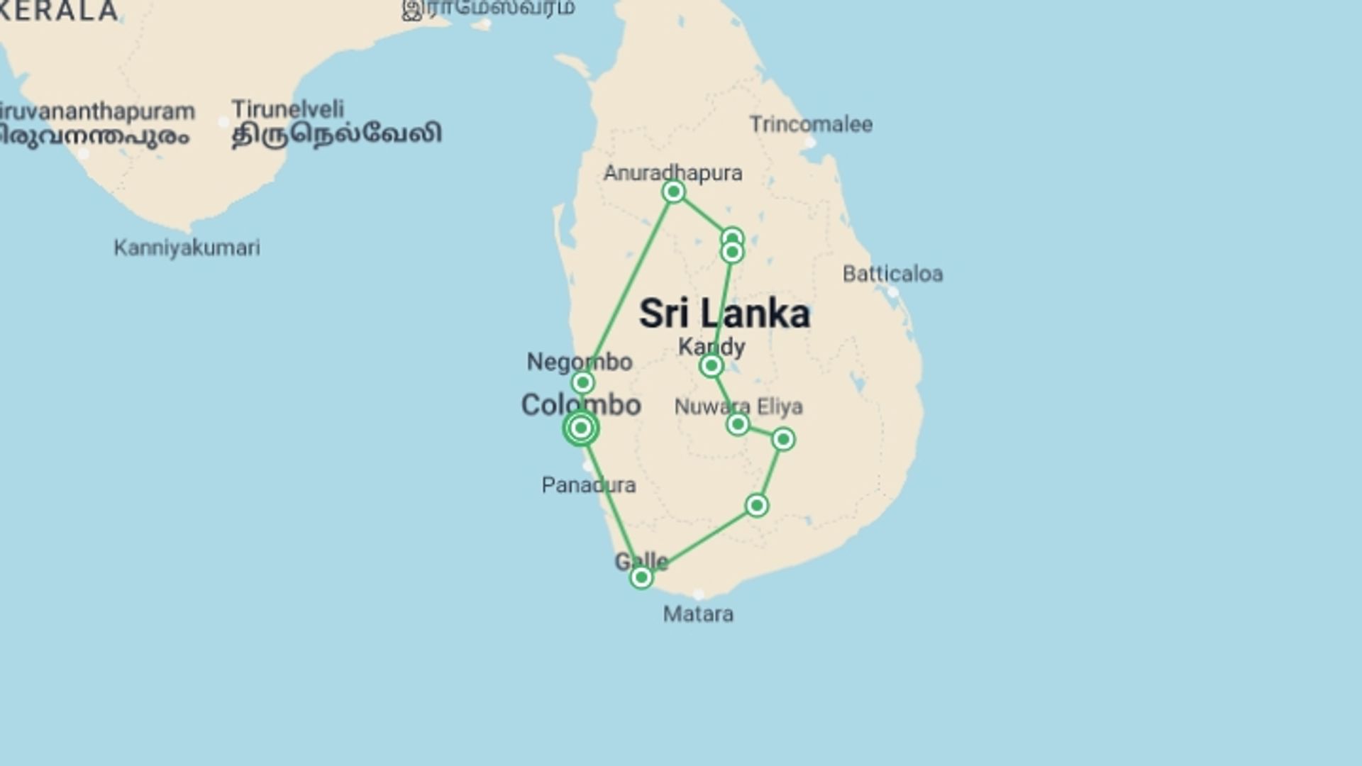 A map showing the tour itinerary for the trip: Sri Lanka Adventure, starting in Colombo, Sri Lanka and ending in Colombo, Sri Lanka going through 9 other destinations.