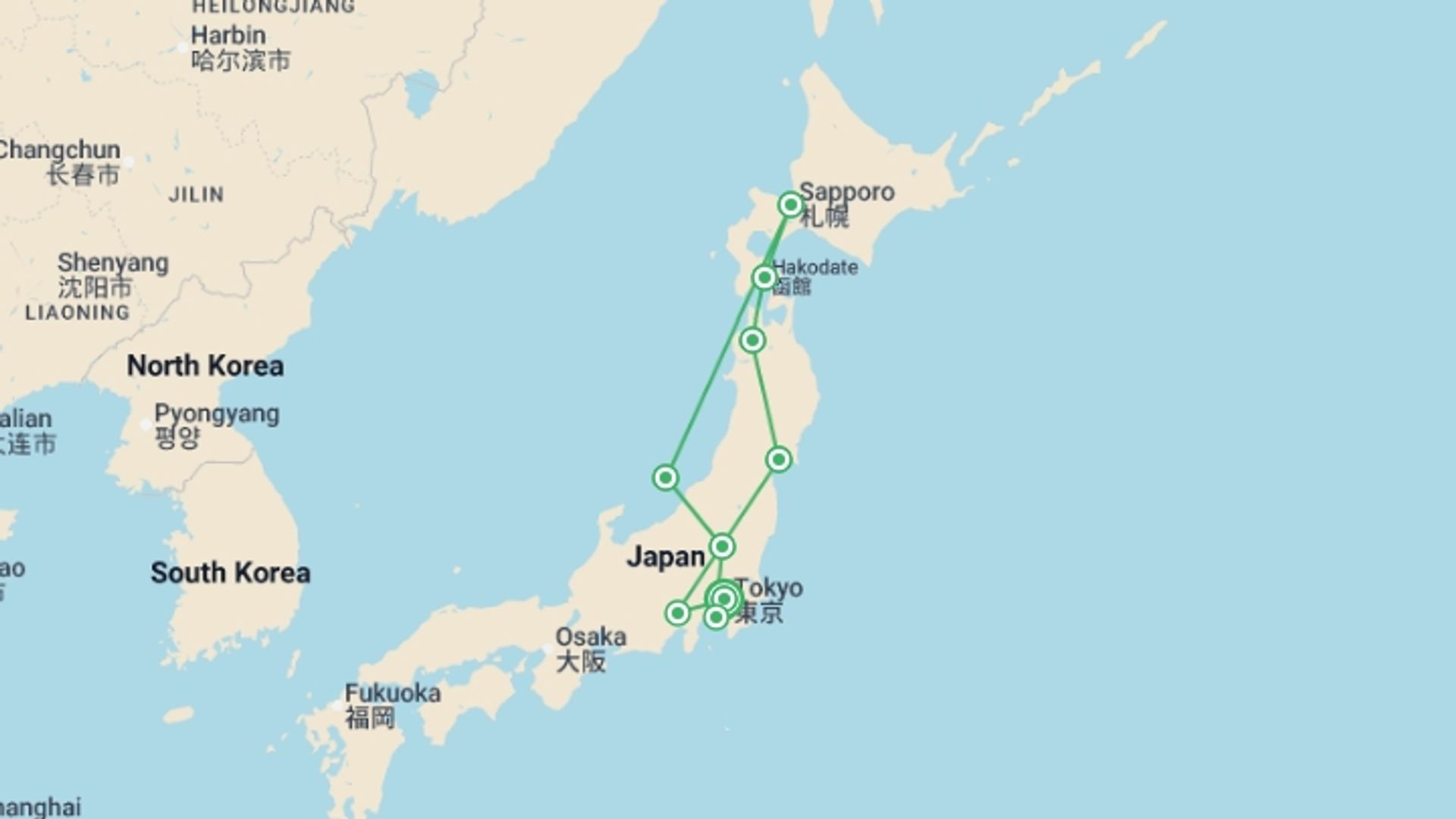 A map showing the tour itinerary for the trip: Japan Northern Explorer, starting in Tokyo, Japan and ending in Tokyo, Japan going through 8 other destinations.
