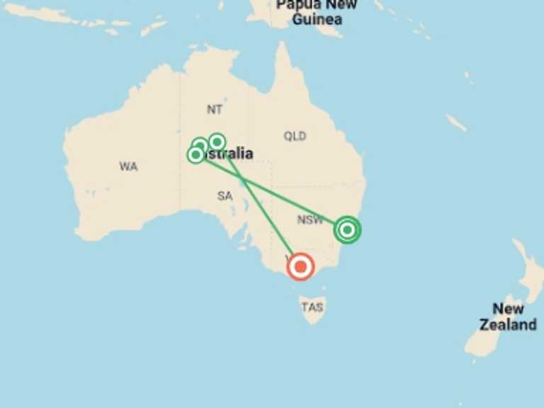 Map itinerary of Australia Tour in February 2027 with 7 destination visits for the trip: Iconic Australia: Famous Cities & Red Centre Explorer