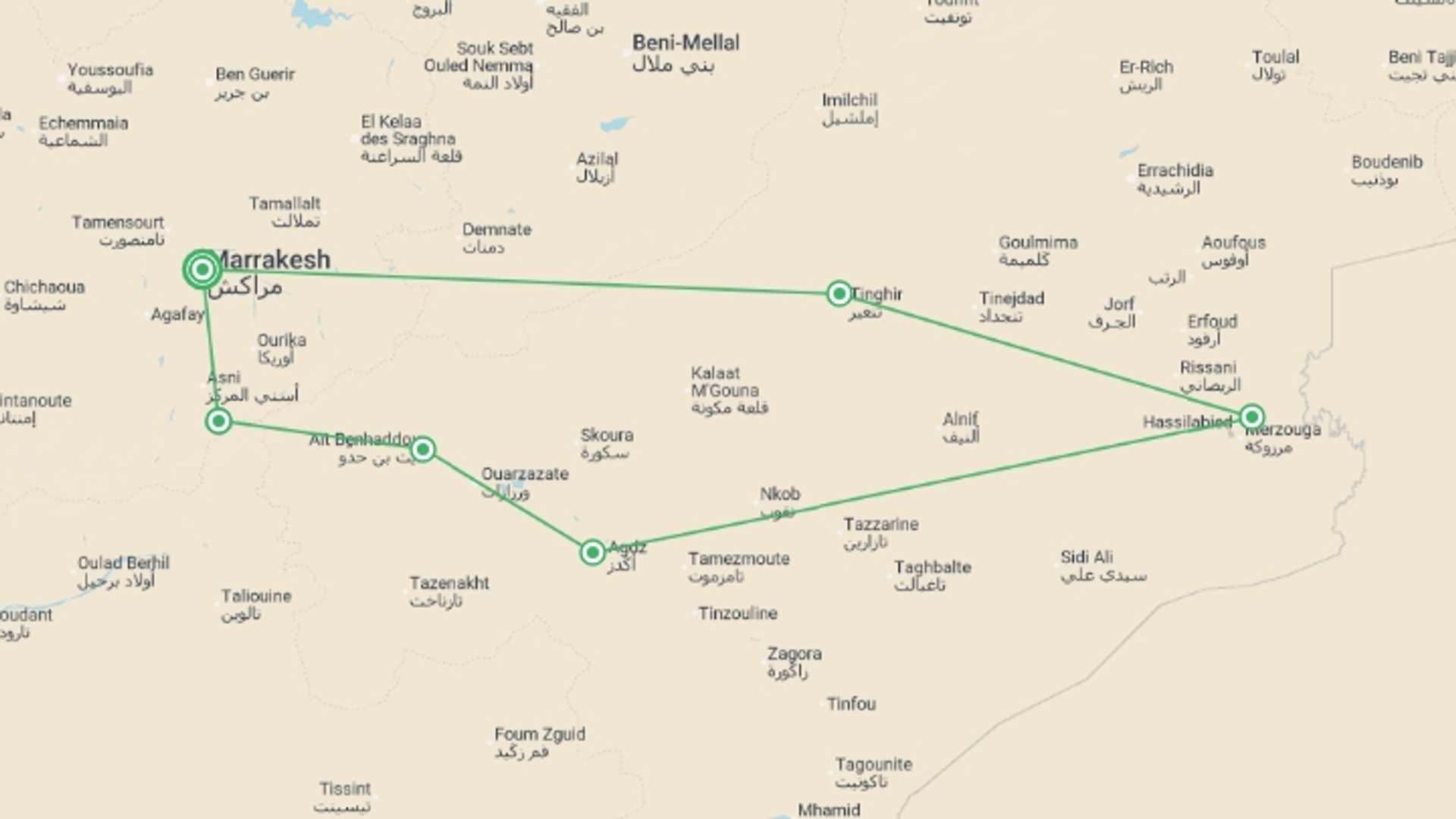 A map showing the tour itinerary for the trip: Morocco: Hike & Bike, starting in Marrakech, Morocco and ending in Marrakech, Morocco going through 5 other destinations.