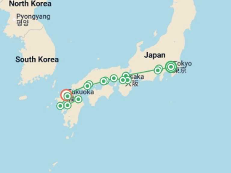 Map of Asia Tour with 10 destination visits for the trip: Contrasts of Japan and Kyushu Island