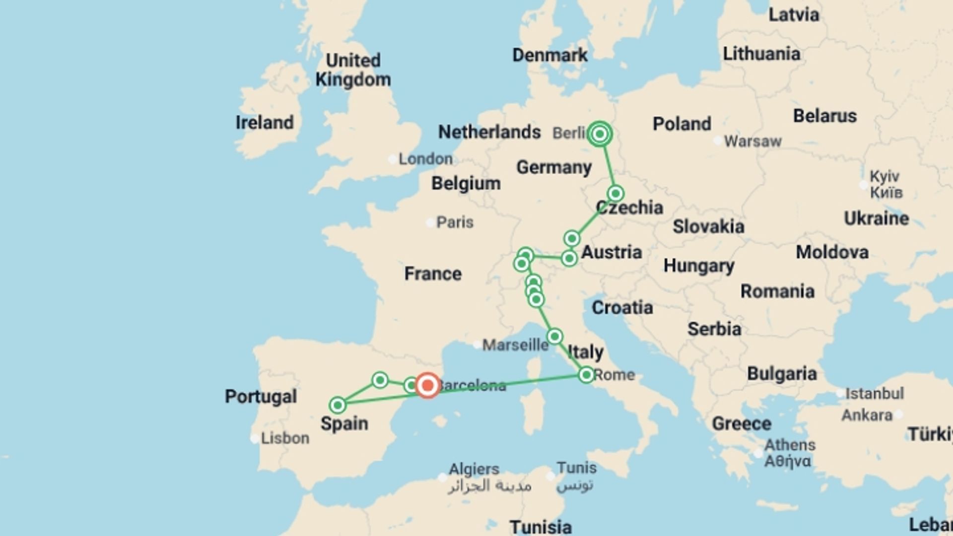 A map showing the tour itinerary for the trip: Europe: from North to South, starting in Berlin, Germany and ending in Barcelona, Spain going through 6 other destinations.