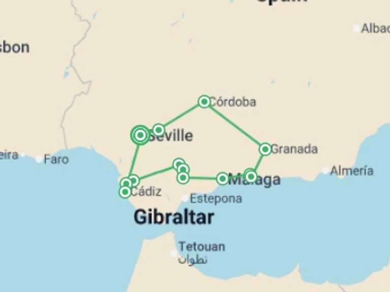 Map itinerary of Seville Tour in Fall with 5 destination visits for the trip: Discovering the Soul of Andalusia
