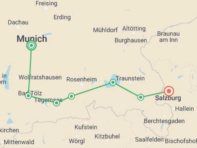 Map of Munich Tour with 7 destination visits for the trip: Munich to Salzburg Cycle