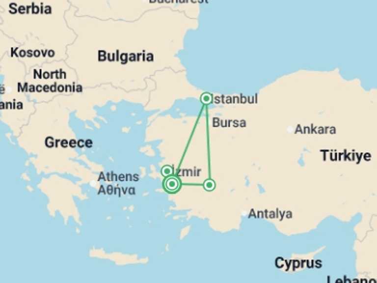 Map of Turkey Tour with 5 destination visits for the trip: 2 Days-ephesus&pamukkale Tour From-to Istanbul