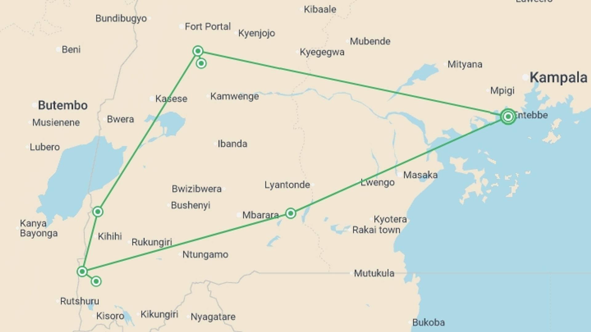 A map showing the tour itinerary for the trip: Chimps & Gorillas of Uganda, starting in Entebbe, Uganda and ending in Entebbe, Uganda going through 5 other destinations.