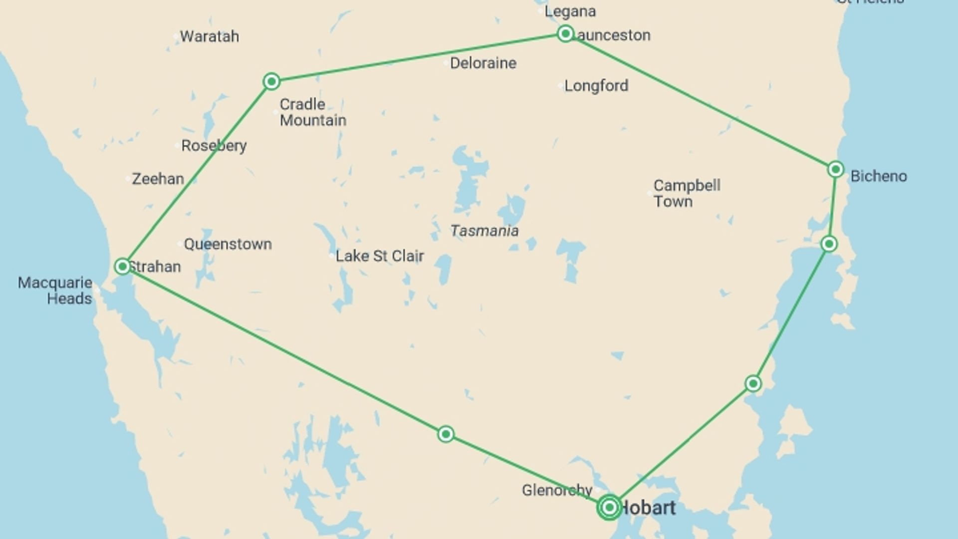 A map showing the tour itinerary for the trip: Perfect Tasmania, starting in Hobart, Australia and ending in Hobart, Australia going through 2 other destinations.