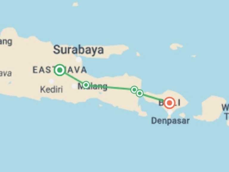 Map of Indonesia Tour with 5 destination visits for the trip: Bromo Sunrise & Ijen Blue Fire Tour