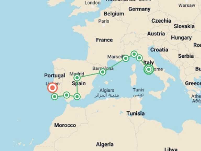 Map of Lisbon Cultural, religious and historic sites Tour with 9 destination visits for the trip: Rome to Lisbon: Coasts & Countryside