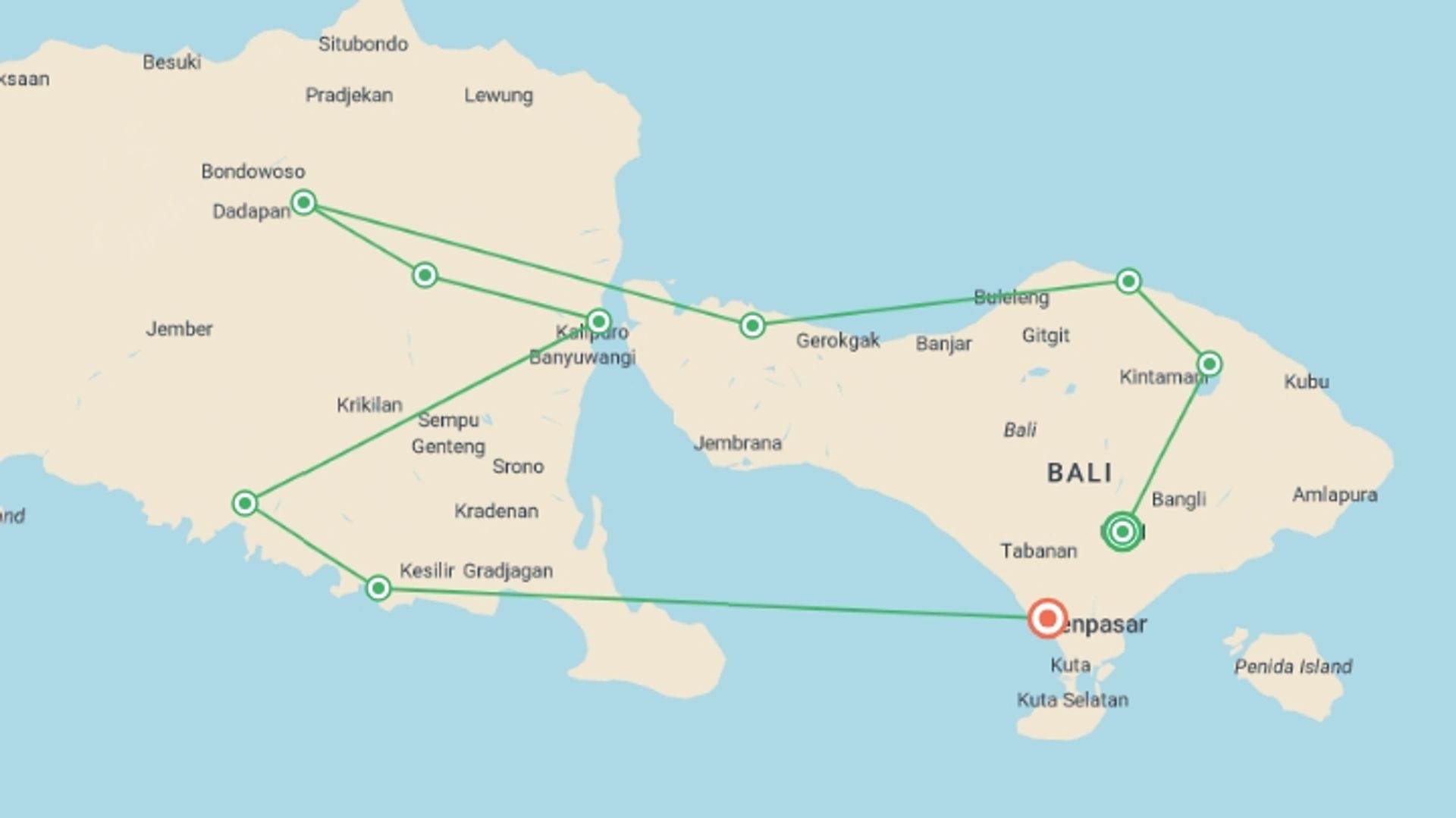 A map showing the tour itinerary for the trip: Cycling Indonesia's Islands, starting in Ubud, Indonesia and ending in Canggu, Indonesia going through 8 other destinations.