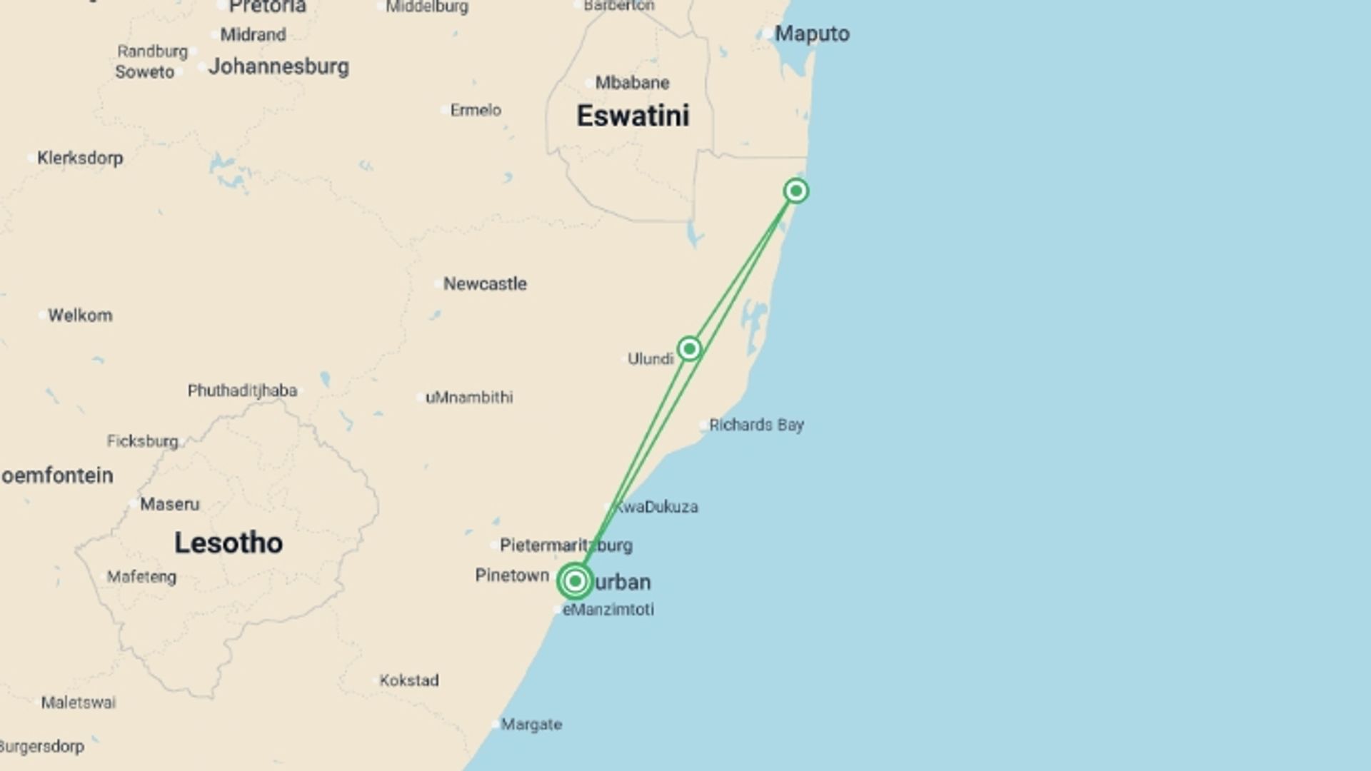 A map showing the tour itinerary for the trip: Bush And Beach, starting in Durban, South Africa and ending in Durban, South Africa going through 1 other destinations.