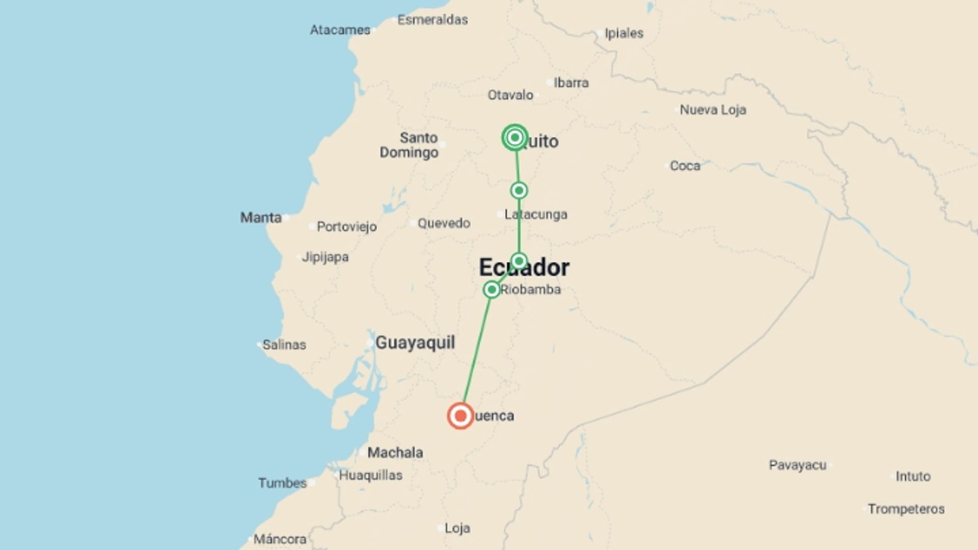 A map showing the tour itinerary for the trip: 7-day Complete Volcano Avenue: Cotopaxi, Quilotoa, Baños, Chimborazo, Ingapirca & Cuenca, Private Tour, starting in Quito, Ecuador and ending in Cuenca, Ecuador going through 3 other destinations.