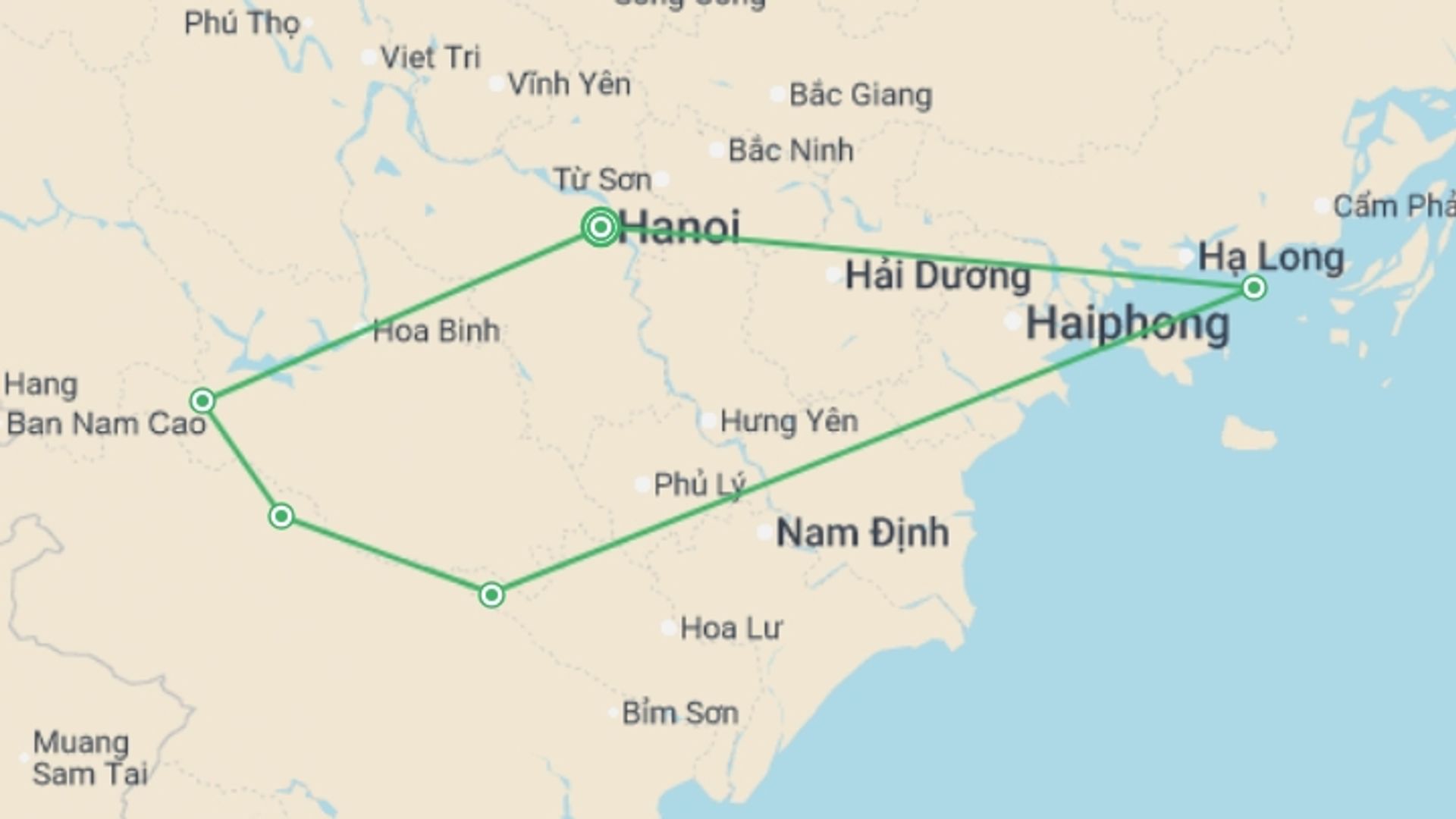 A map showing the tour itinerary for the trip: Cycle Northern Vietnam, starting in Hanoi, Vietnam and ending in Hanoi, Vietnam going through 4 other destinations.