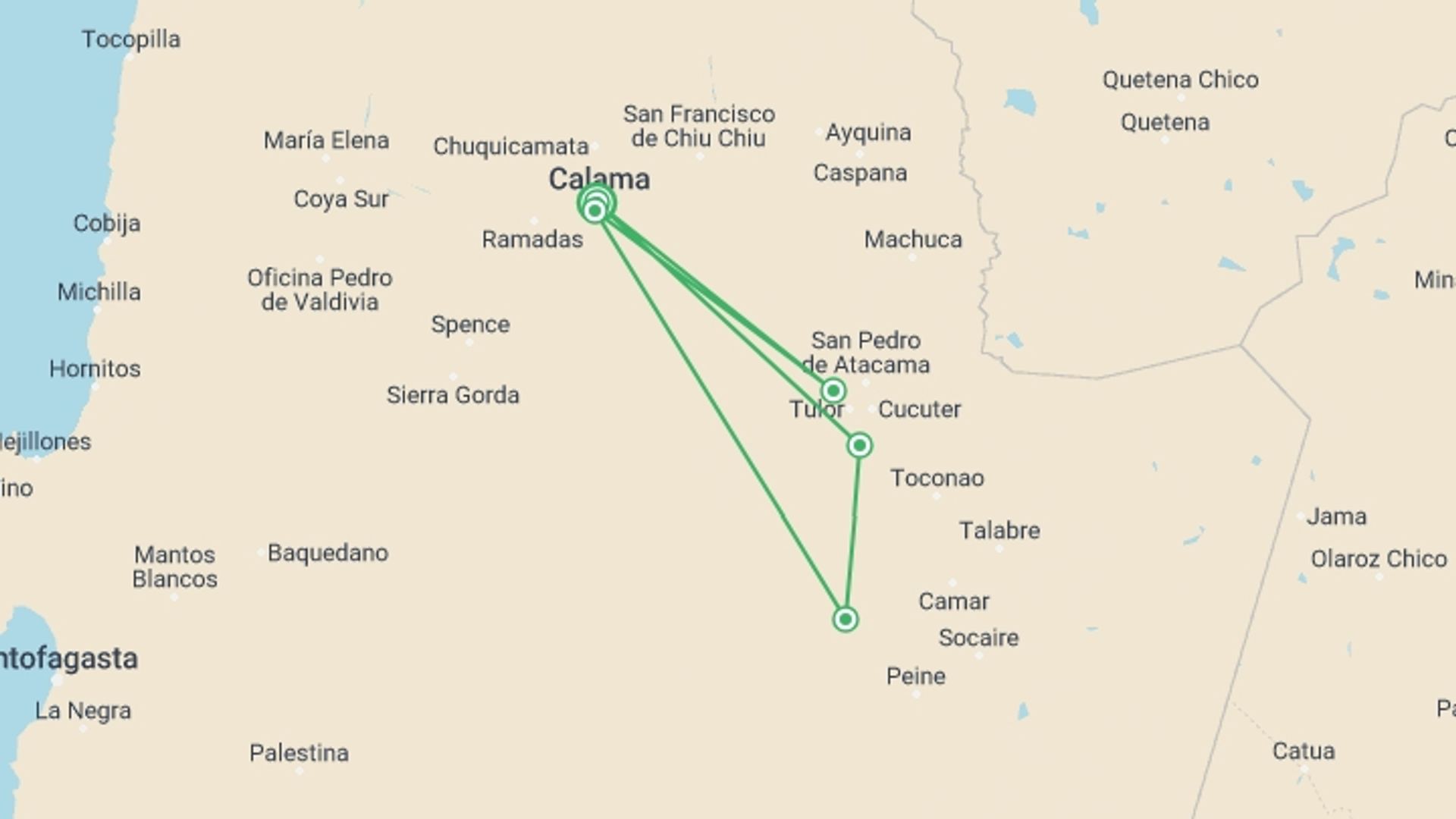 A map showing the tour itinerary for the trip: Atacama Adventure - Nature Tour in the Atacama Desert, starting in Calama, Chile and ending in Calama, Chile going through 5 other destinations.